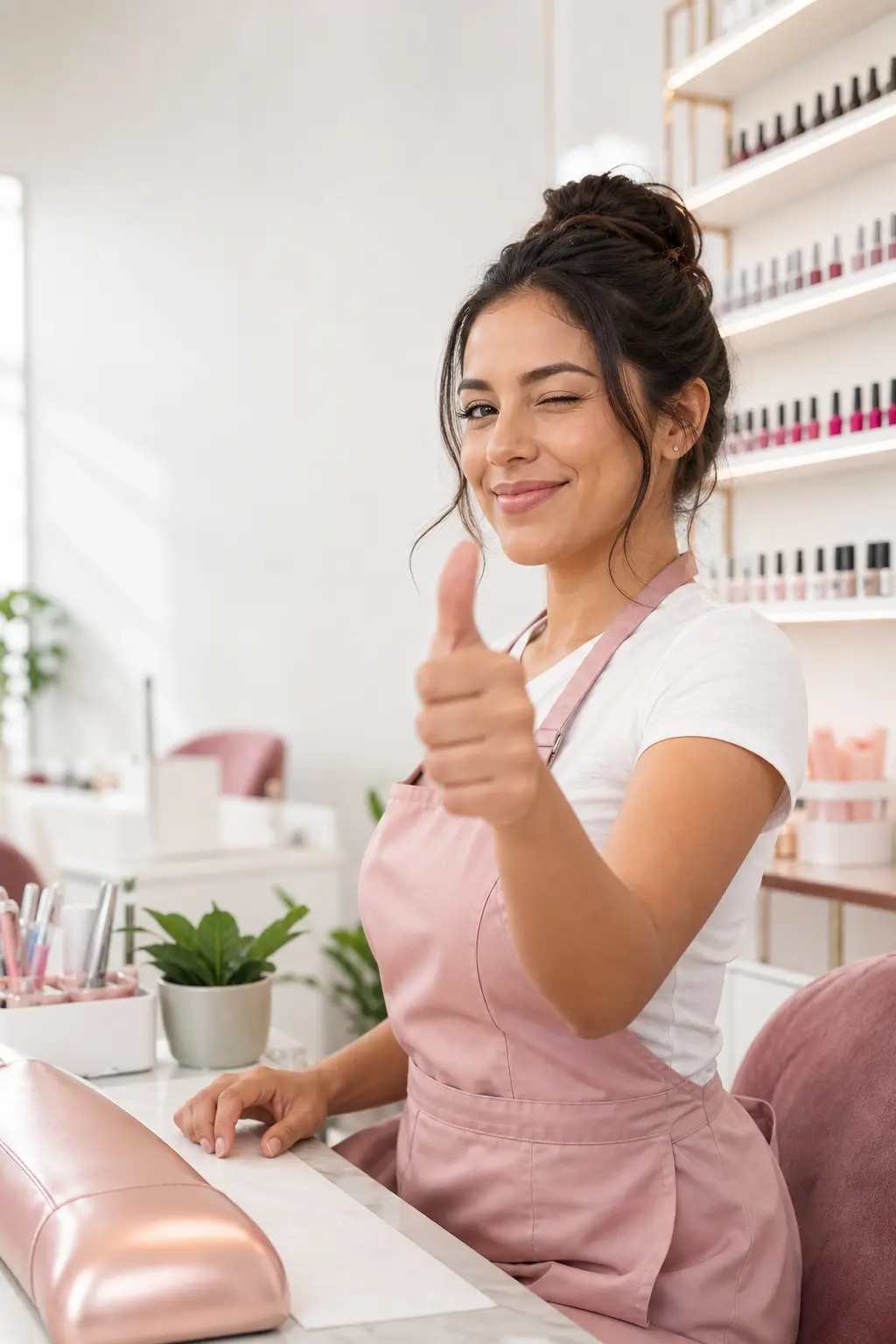 Manicurista en su salón dando la bienvenida